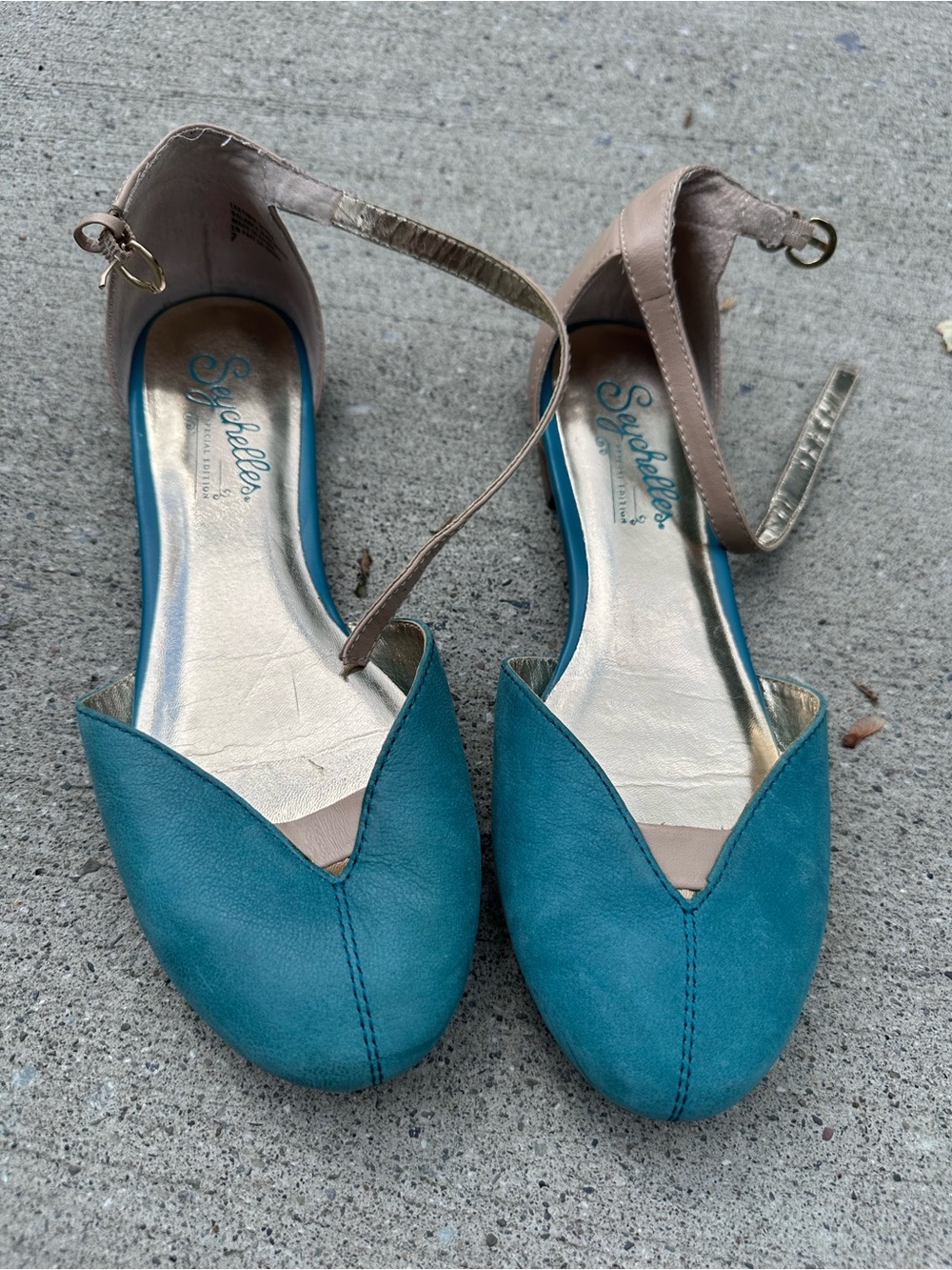 Seychelles Teal and Neutral Ankle-Strap Flats